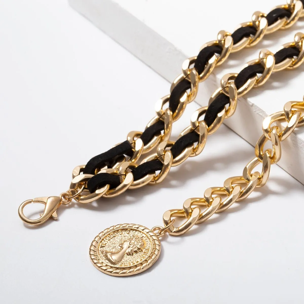 Chic Velvet Interwoven Waist Chain | Relief Coin Pendant Belly Chain | Trendy Layered Body Chain