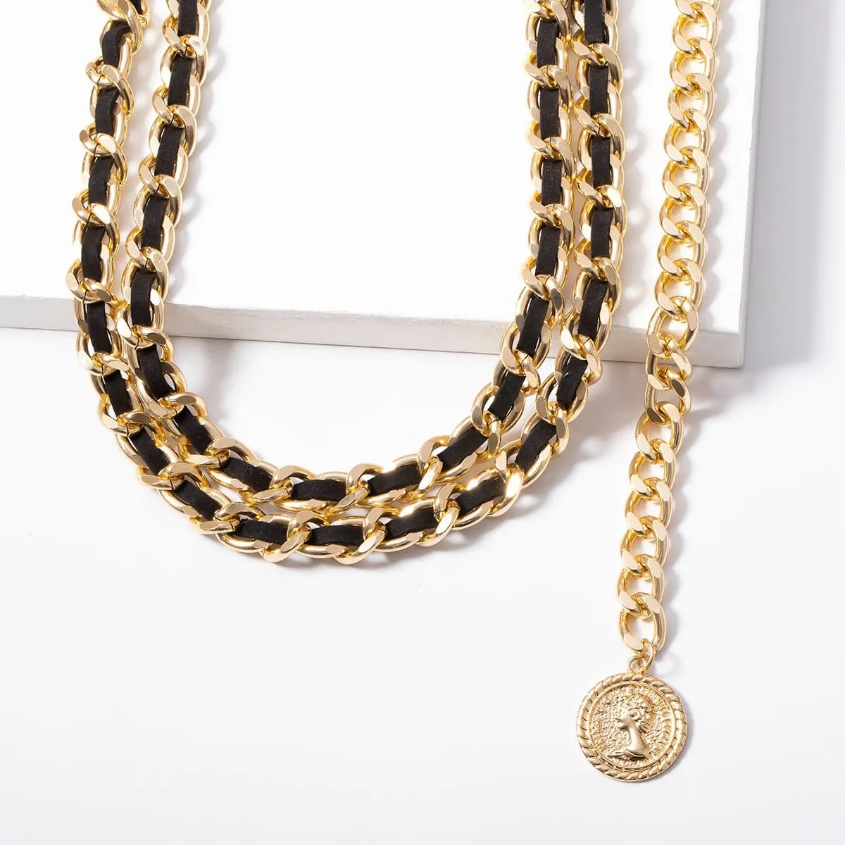 Chic Velvet Interwoven Waist Chain | Relief Coin Pendant Belly Chain | Trendy Layered Body Chain