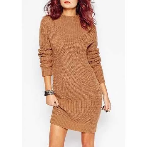 Chic Women's Long Sleeve Jewel Neck Pure Color Sweater Dress - Brown One Size(fit Size Xs To M)