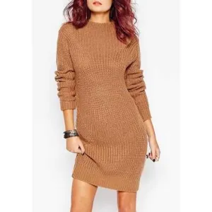 Chic Women's Long Sleeve Jewel Neck Pure Color Sweater Dress - Brown One Size(fit Size Xs To M)