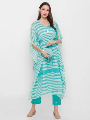 Chiffon V-neck 3/4th sleeves sky blue striped printed Ethnic wear kaftan with Pant for women - ZOLA
