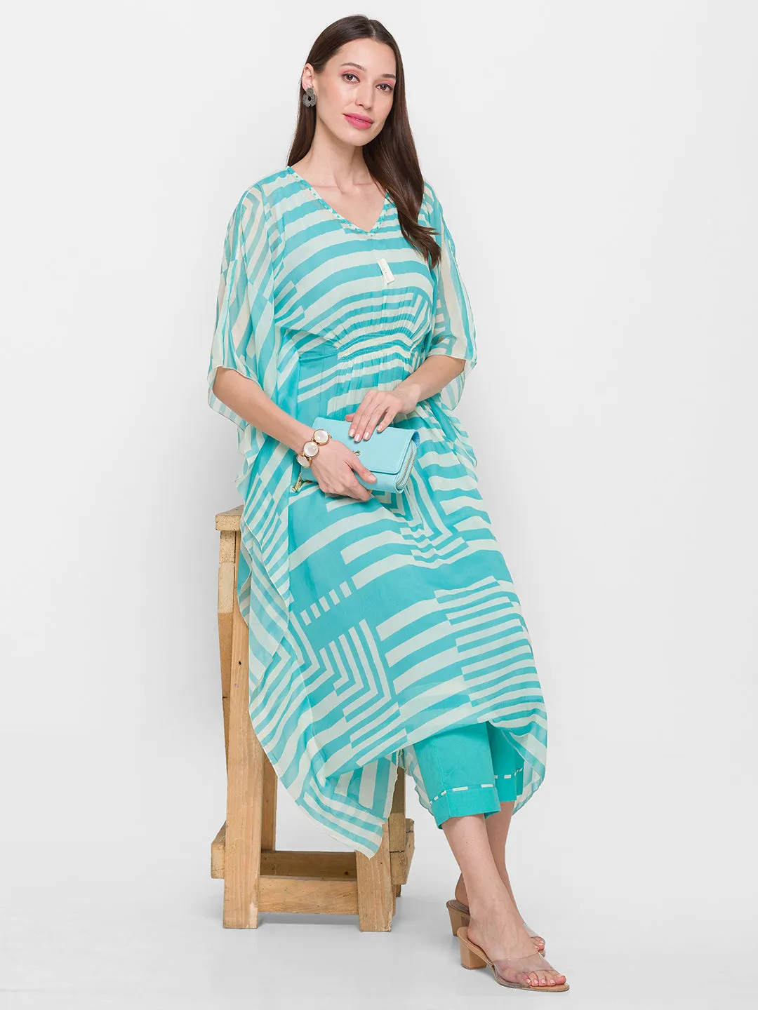 Chiffon V-neck 3/4th sleeves sky blue striped printed Ethnic wear kaftan with Pant for women - ZOLA