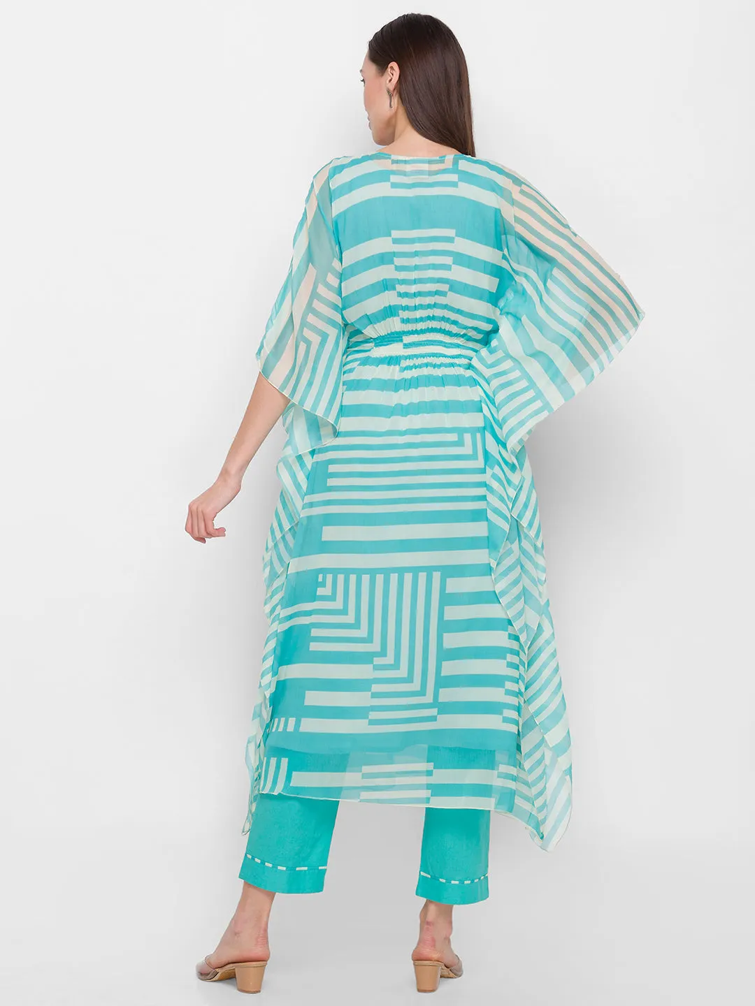 Chiffon V-neck 3/4th sleeves sky blue striped printed Ethnic wear kaftan with Pant for women - ZOLA