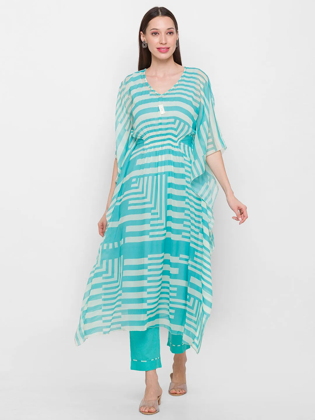 Chiffon V-neck 3/4th sleeves sky blue striped printed Ethnic wear kaftan with Pant for women - ZOLA