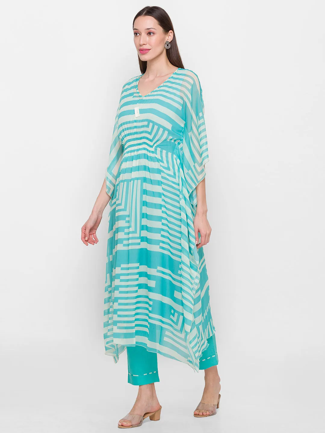 Chiffon V-neck 3/4th sleeves sky blue striped printed Ethnic wear kaftan with Pant for women - ZOLA
