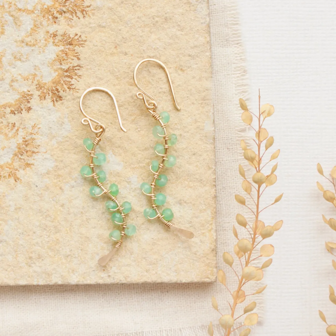 Chrysoprase Wrapped Gold Vine Earrings