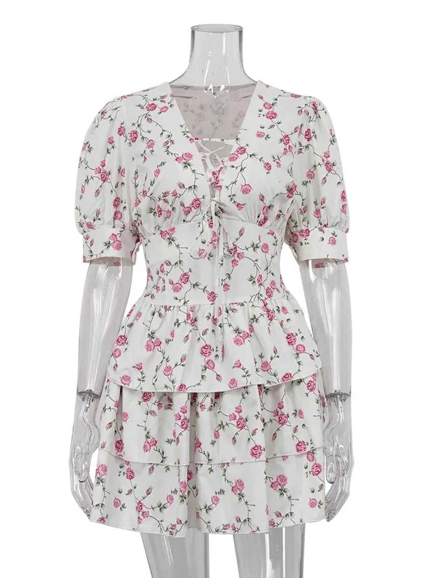 Clacive V-Neck Print Short Sleeve Mini Dress