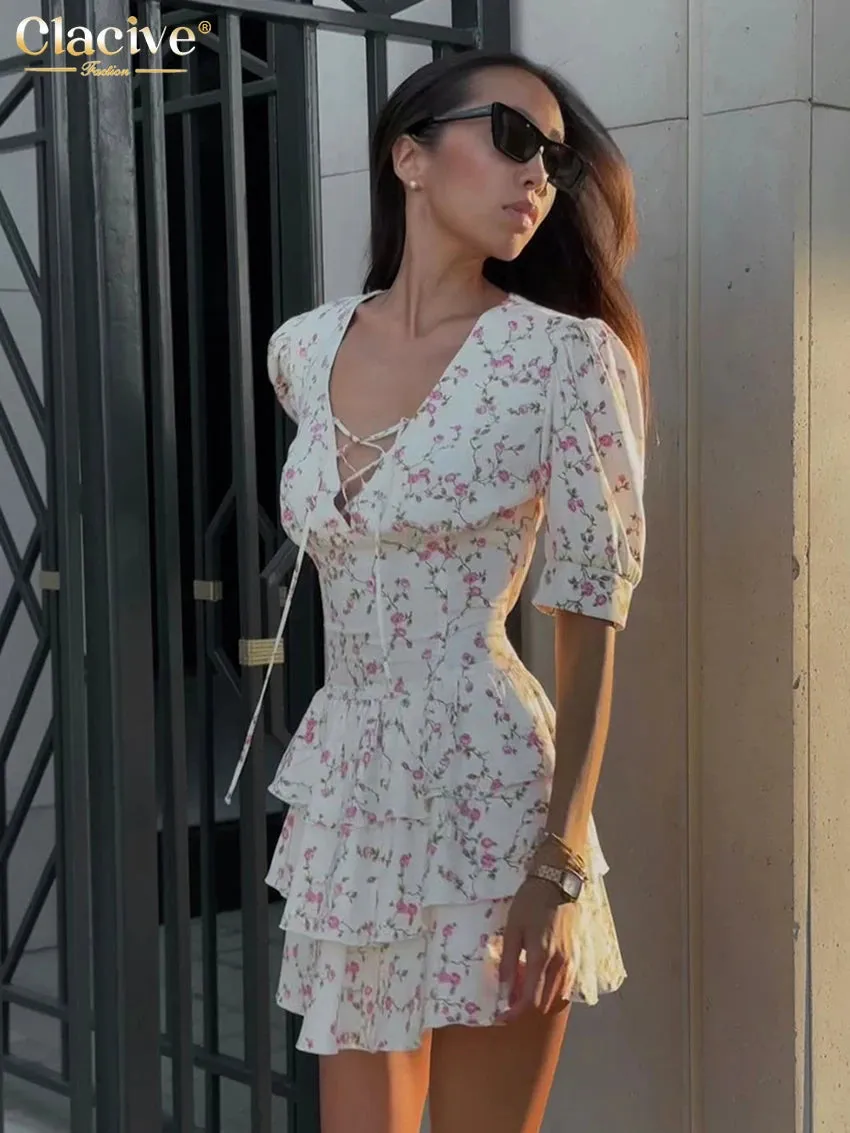 Clacive V-Neck Print Short Sleeve Mini Dress