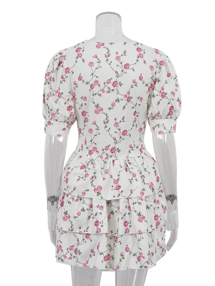 Clacive V-Neck Print Short Sleeve Mini Dress