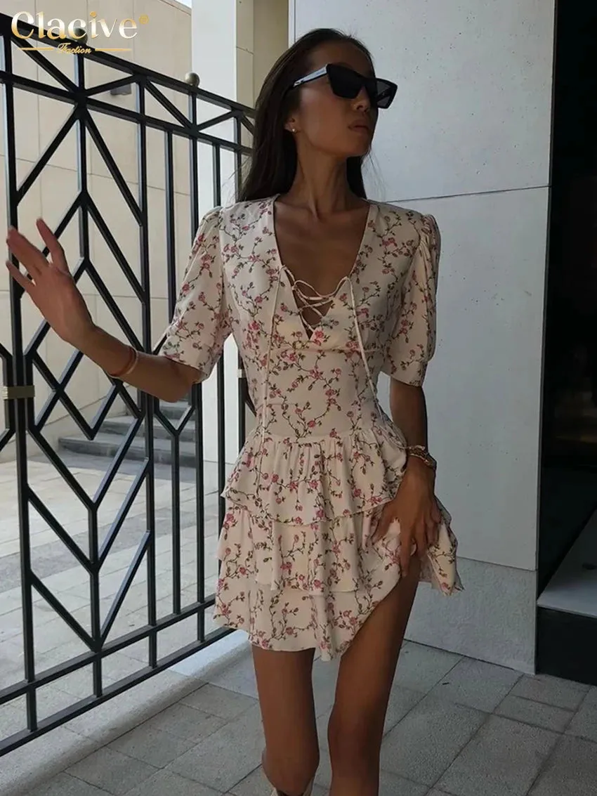 Clacive V-Neck Print Short Sleeve Mini Dress