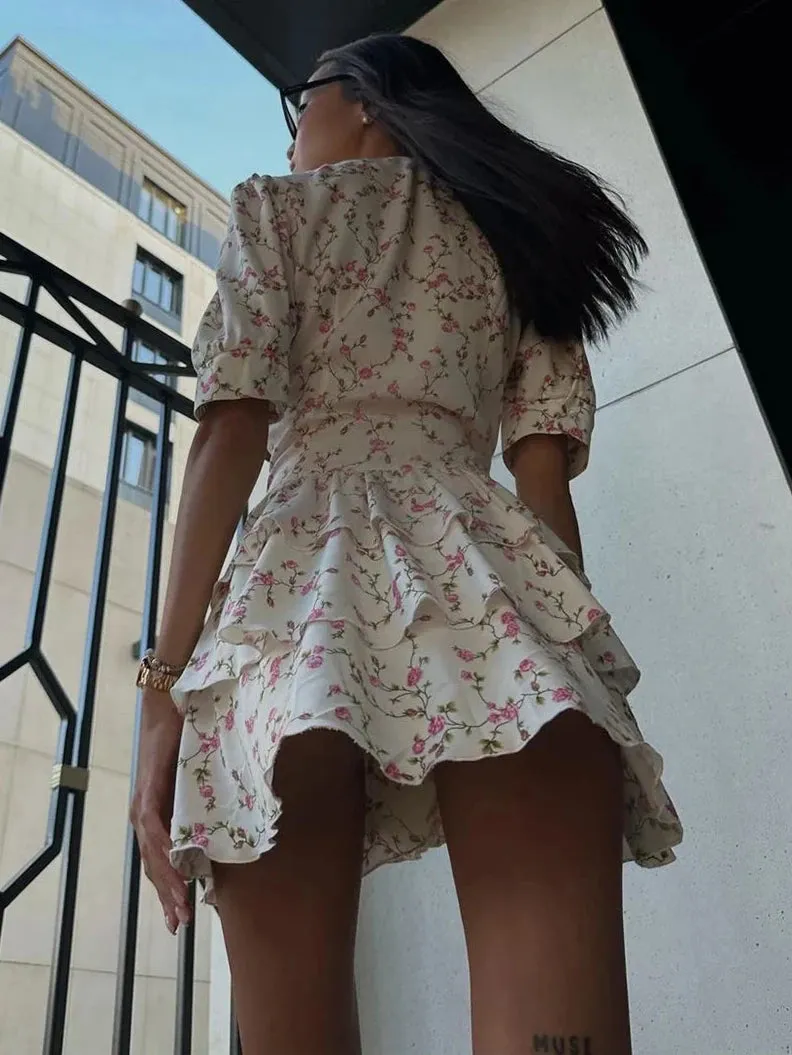 Clacive V-Neck Print Short Sleeve Mini Dress