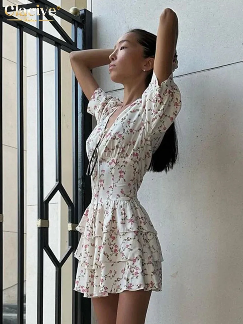 Clacive V-Neck Print Short Sleeve Mini Dress