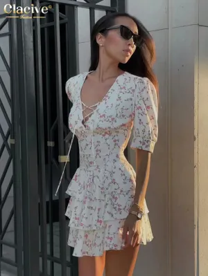 Clacive V-Neck Print Short Sleeve Mini Dress