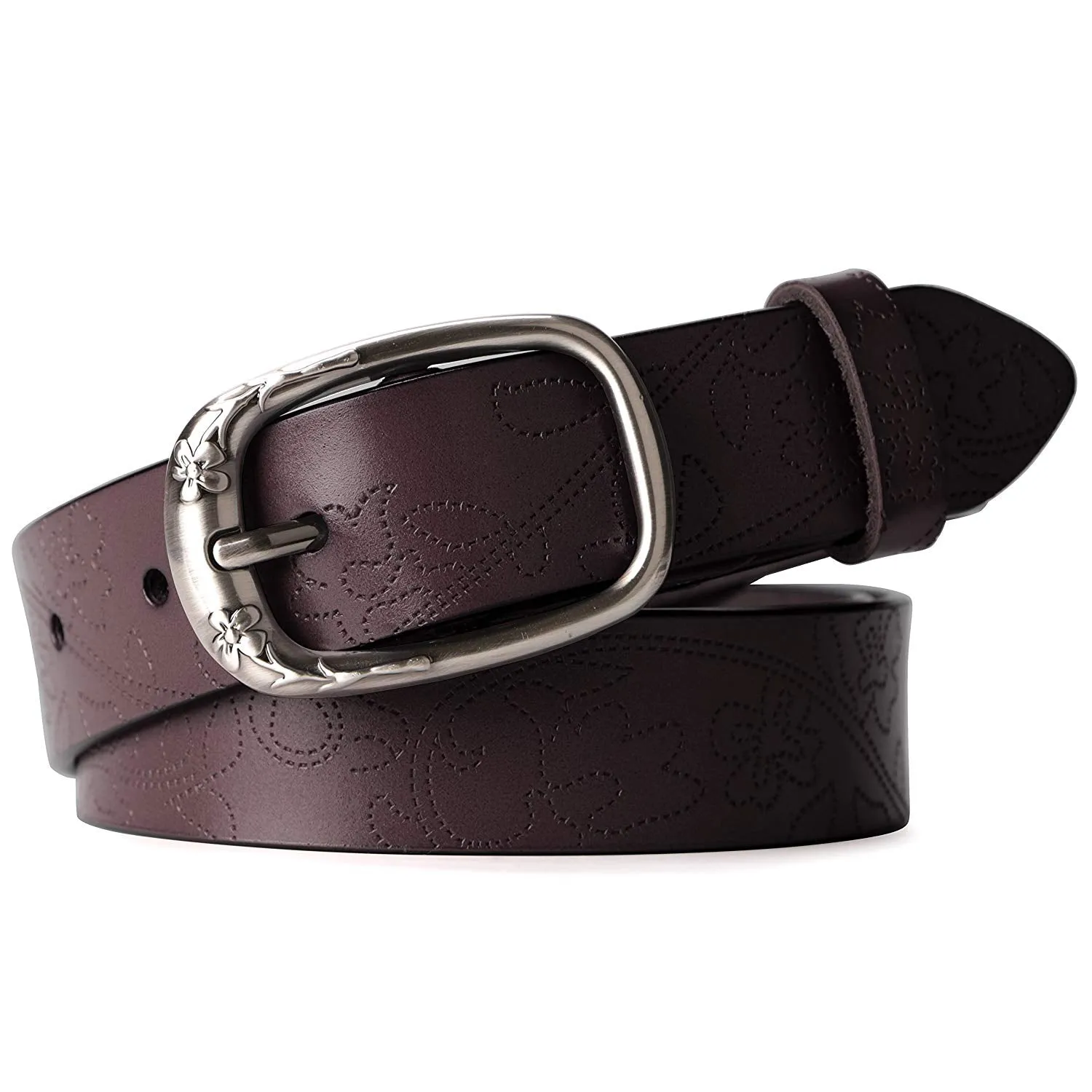 Classic Women Leather Belts for Jeans Floral Embossed Waist Strap with Pin Buckle