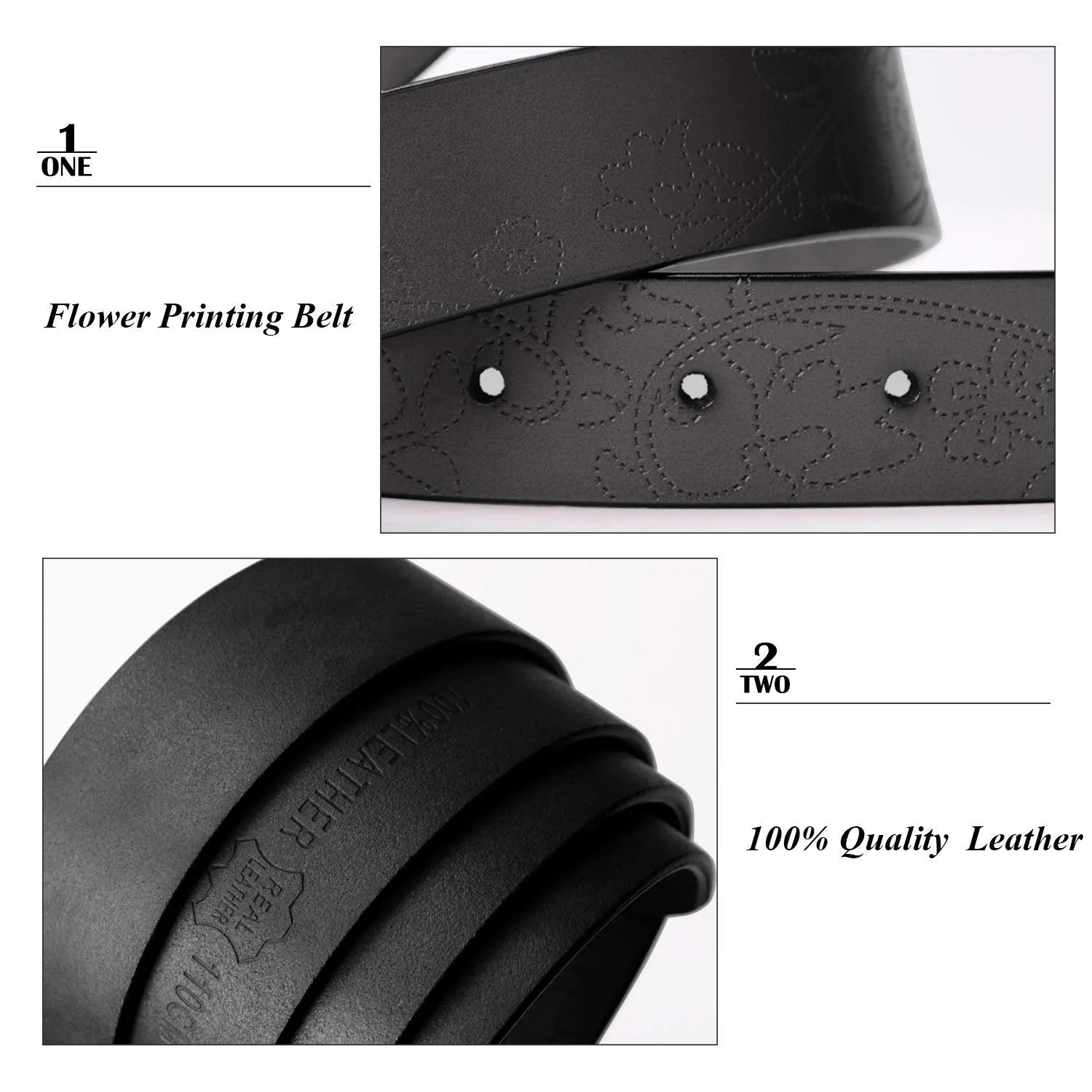 Classic Women Leather Belts for Jeans Floral Embossed Waist Strap with Pin Buckle