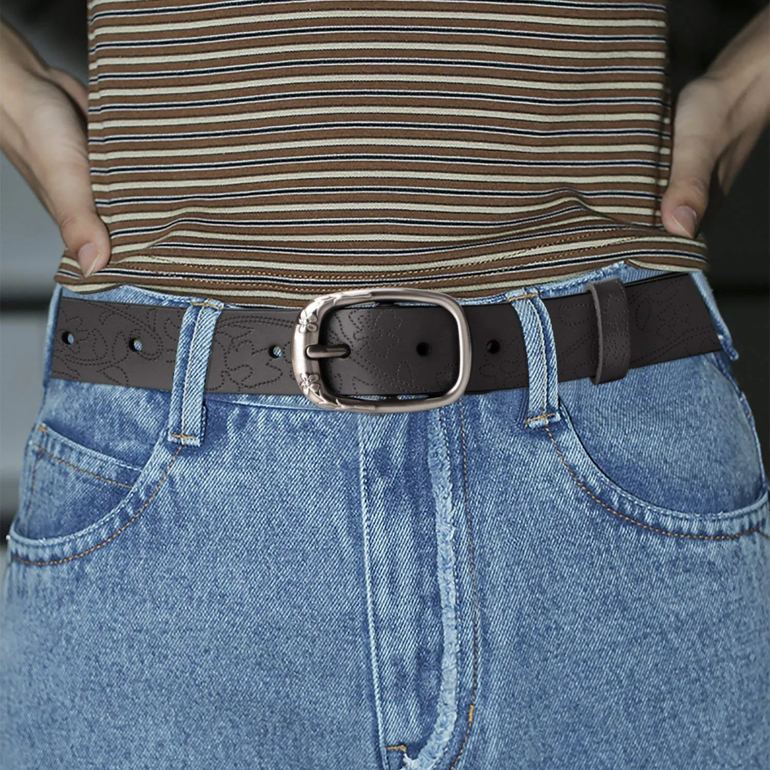 Classic Women Leather Belts for Jeans Floral Embossed Waist Strap with Pin Buckle