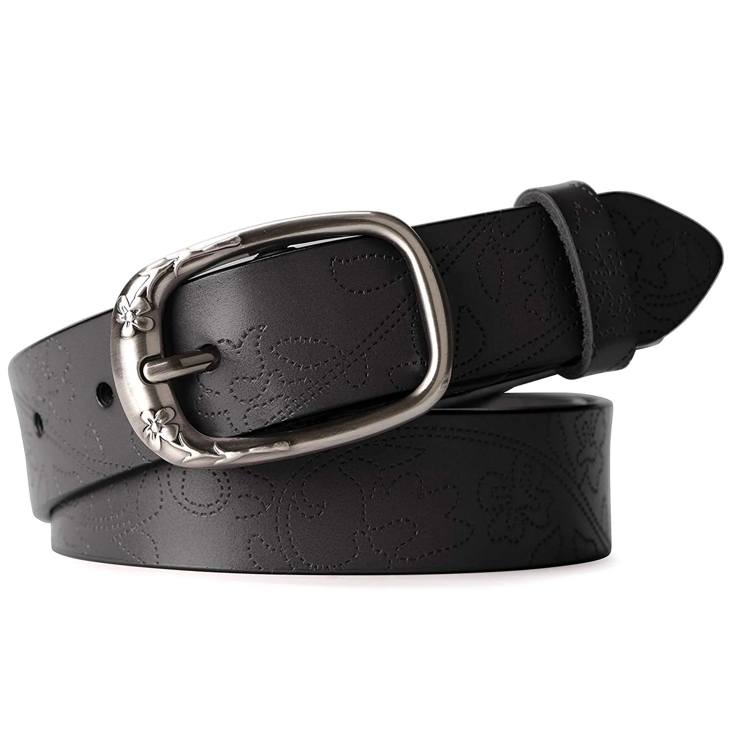 Classic Women Leather Belts for Jeans Floral Embossed Waist Strap with Pin Buckle