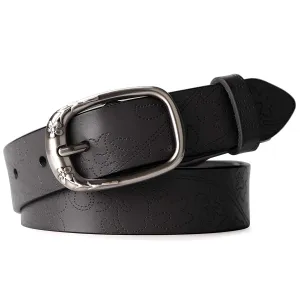 Classic Women Leather Belts for Jeans Floral Embossed Waist Strap with Pin Buckle