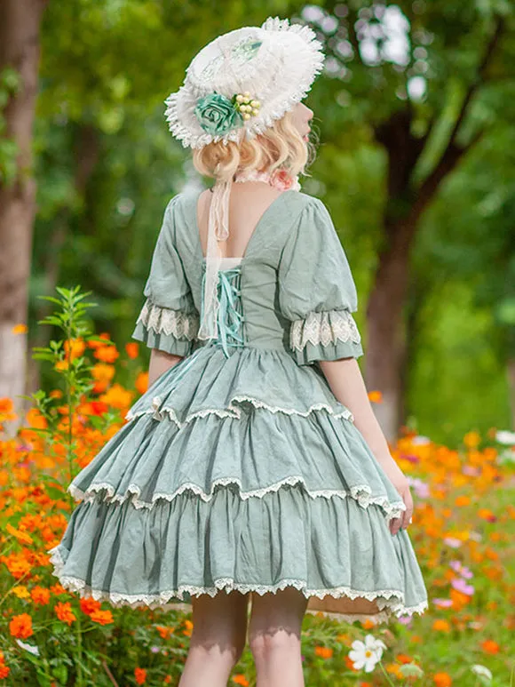 Classical Lolita Dress Cotton Ruffles Lolita Dresses Short Sleeves Floral Print Sage