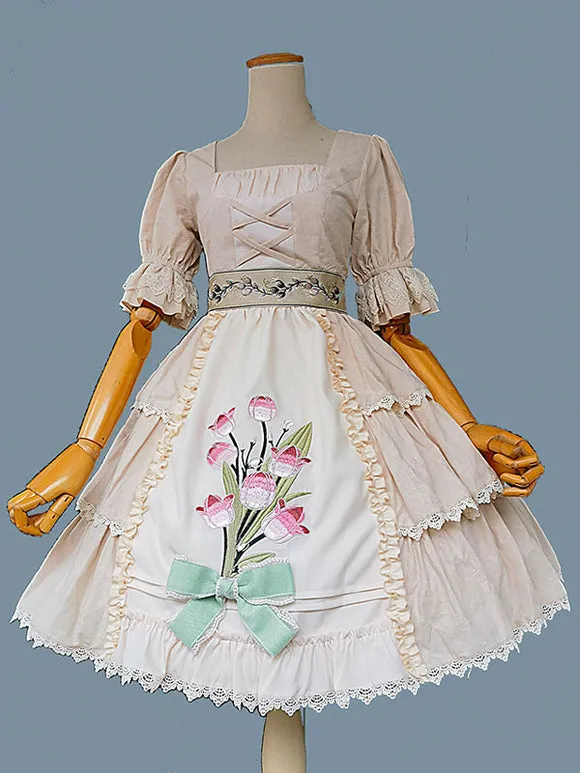 Classical Lolita Dress Cotton Ruffles Lolita Dresses Short Sleeves Floral Print Sage