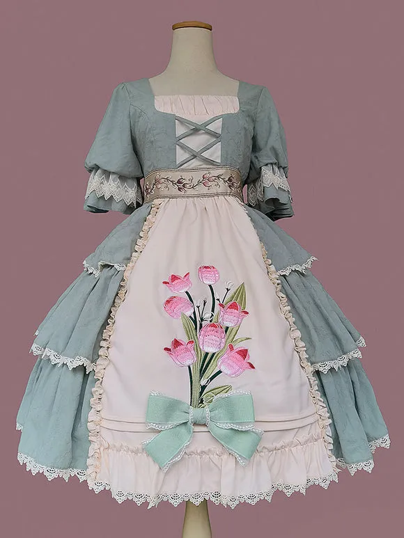 Classical Lolita Dress Cotton Ruffles Lolita Dresses Short Sleeves Floral Print Sage