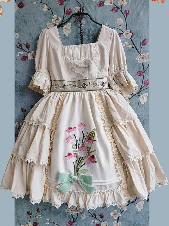 Classical Lolita Dress Cotton Ruffles Lolita Dresses Short Sleeves Floral Print Sage