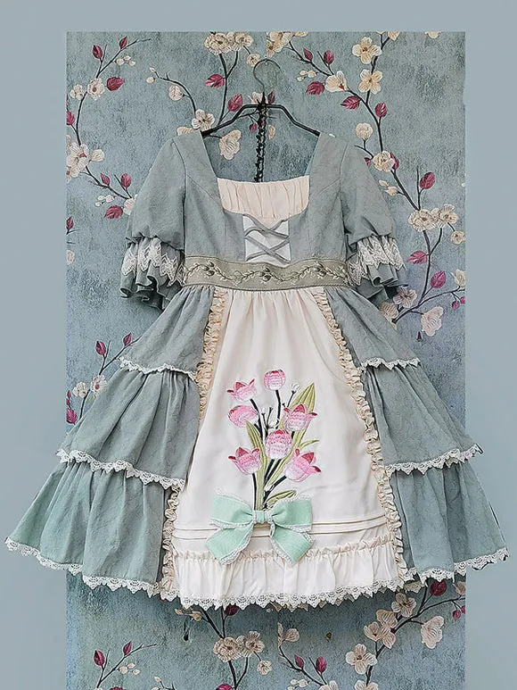 Classical Lolita Dress Cotton Ruffles Lolita Dresses Short Sleeves Floral Print Sage