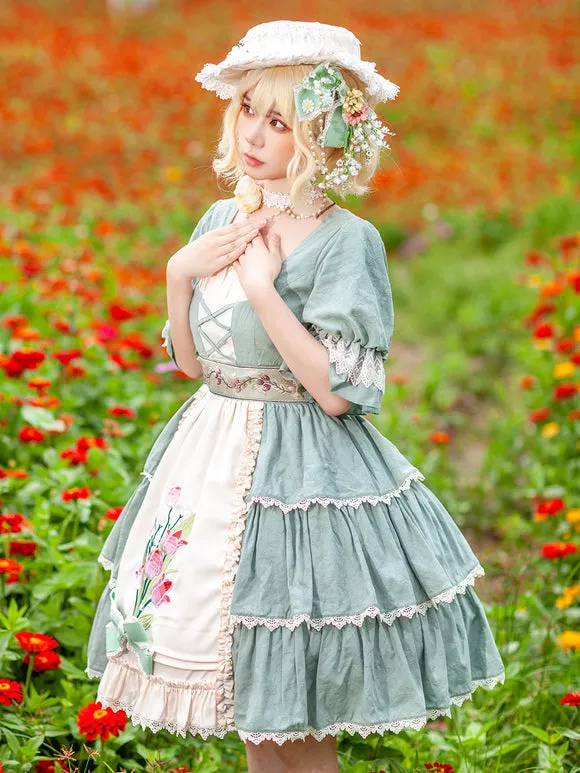 Classical Lolita Dress Cotton Ruffles Lolita Dresses Short Sleeves Floral Print Sage