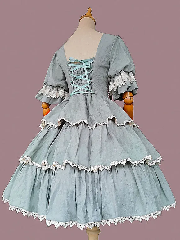 Classical Lolita Dress Cotton Ruffles Lolita Dresses Short Sleeves Floral Print Sage