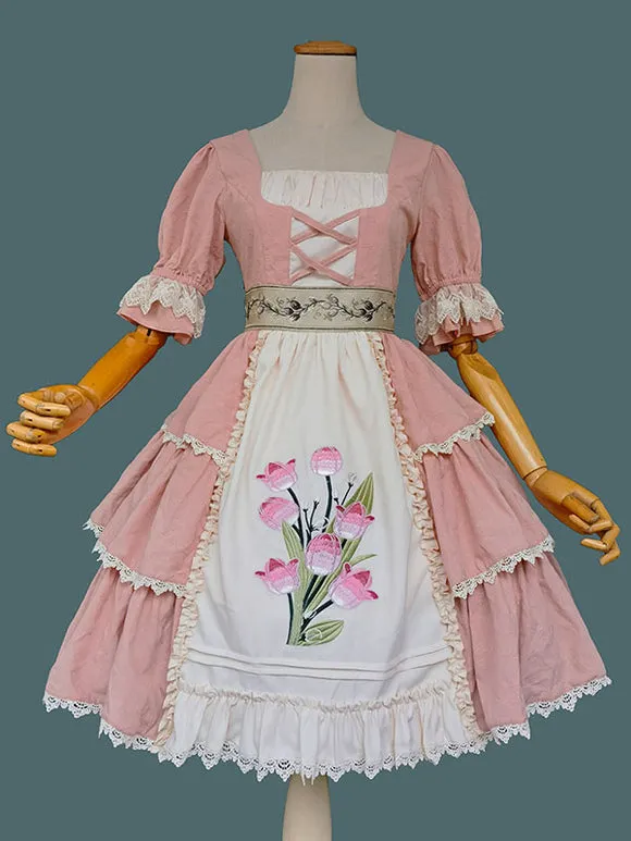 Classical Lolita Dress Cotton Ruffles Lolita Dresses Short Sleeves Floral Print Sage