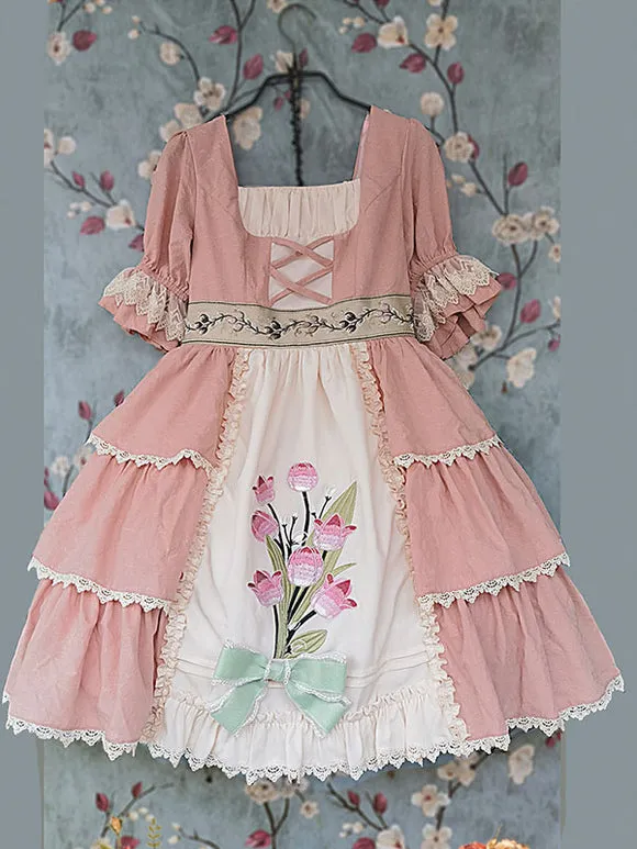 Classical Lolita Dress Cotton Ruffles Lolita Dresses Short Sleeves Floral Print Sage