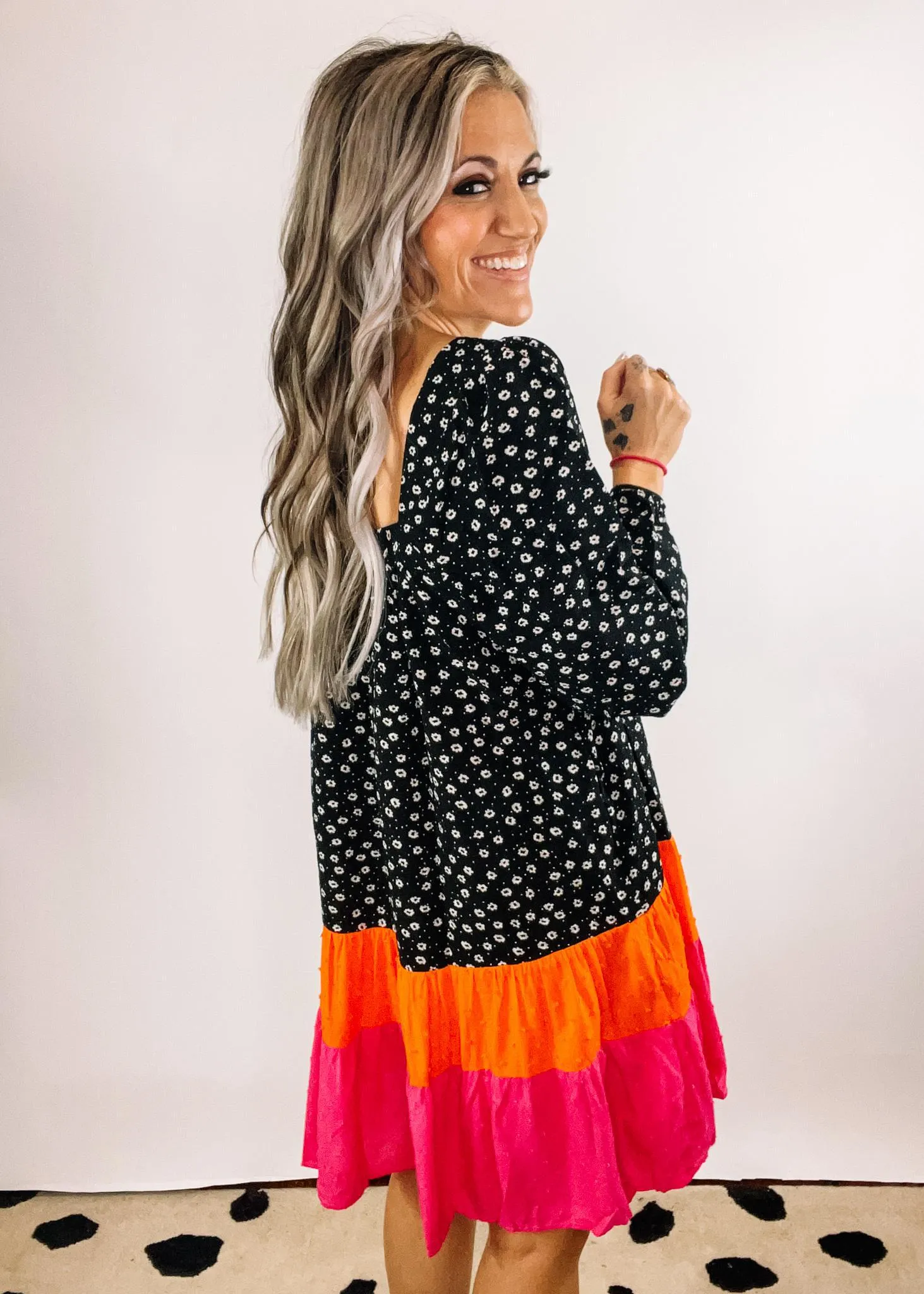 Color Block Ditsy Floral Tiered Mini Dress