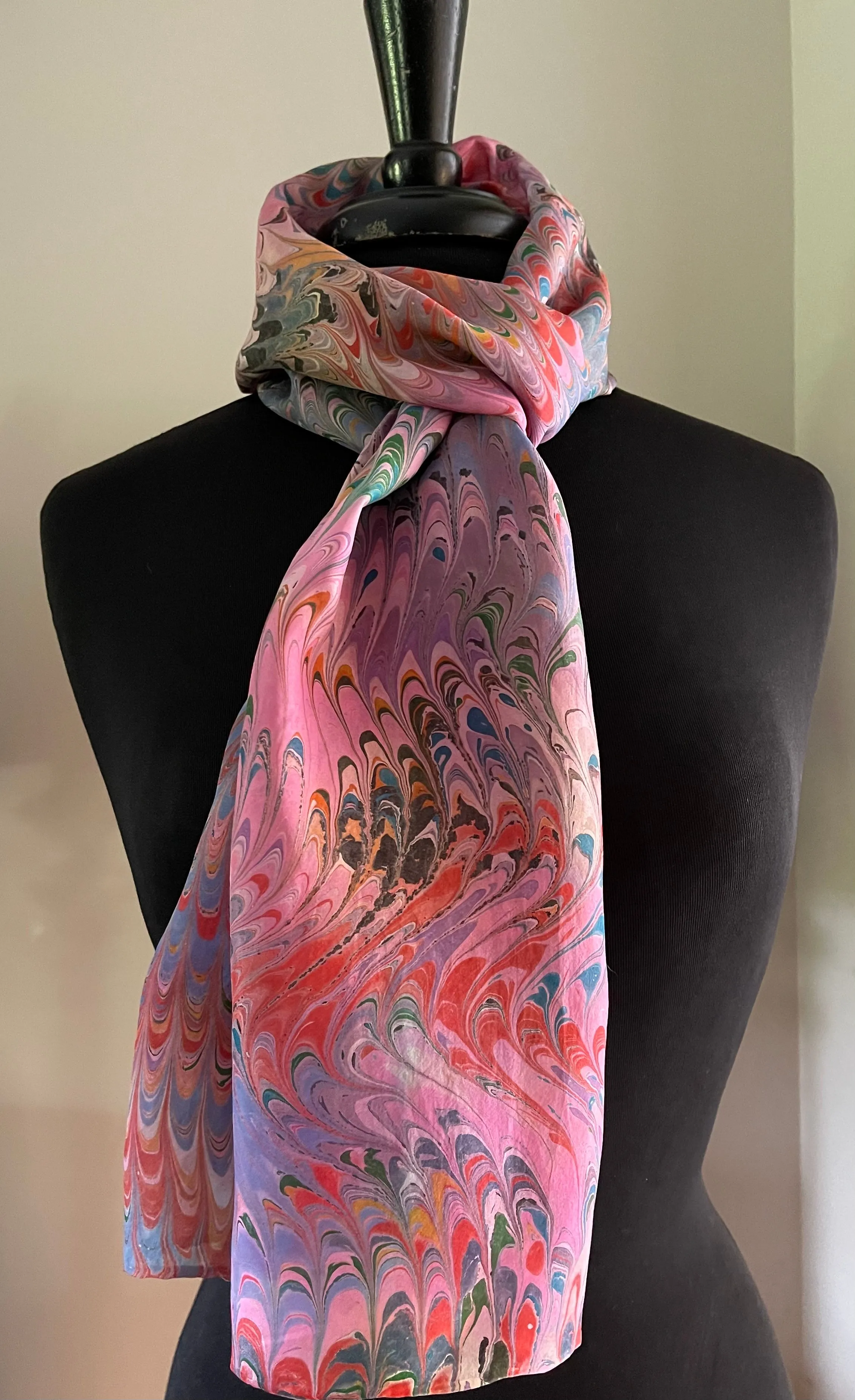 Combed design on multidyed silk.  Water Marbled Habotai Silk 14x72.