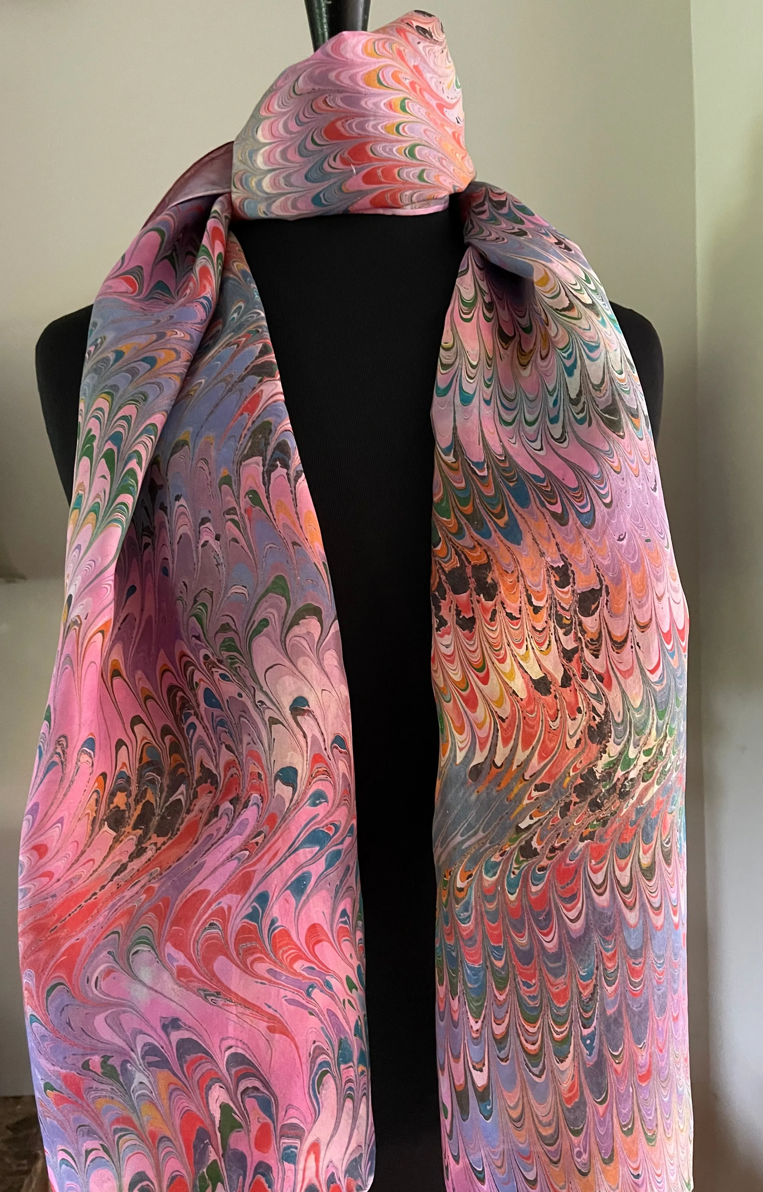 Combed design on multidyed silk.  Water Marbled Habotai Silk 14x72.