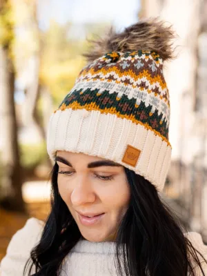 Cream Multi Patterned Pom Hat