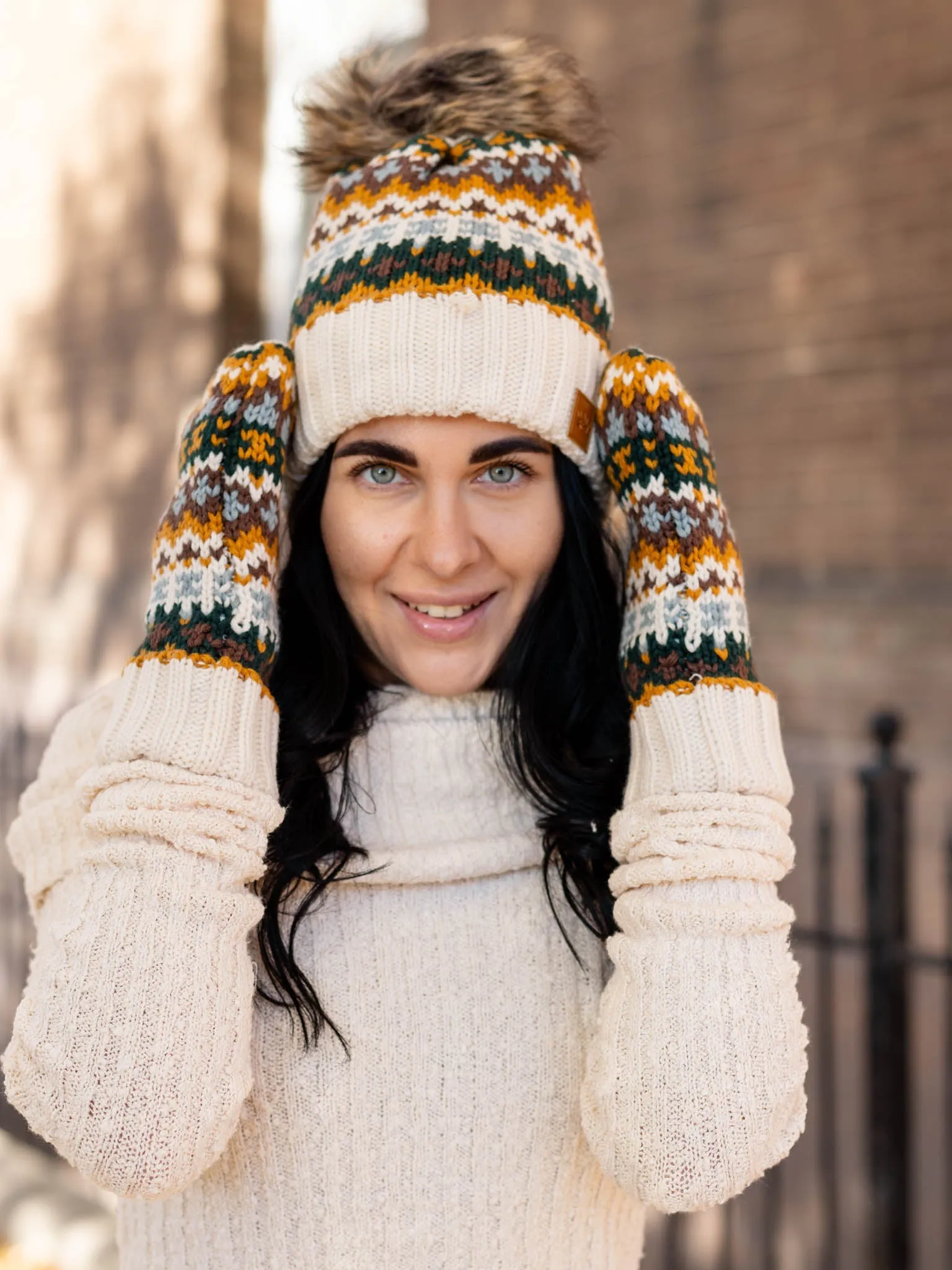 Cream Multi Patterned Pom Hat