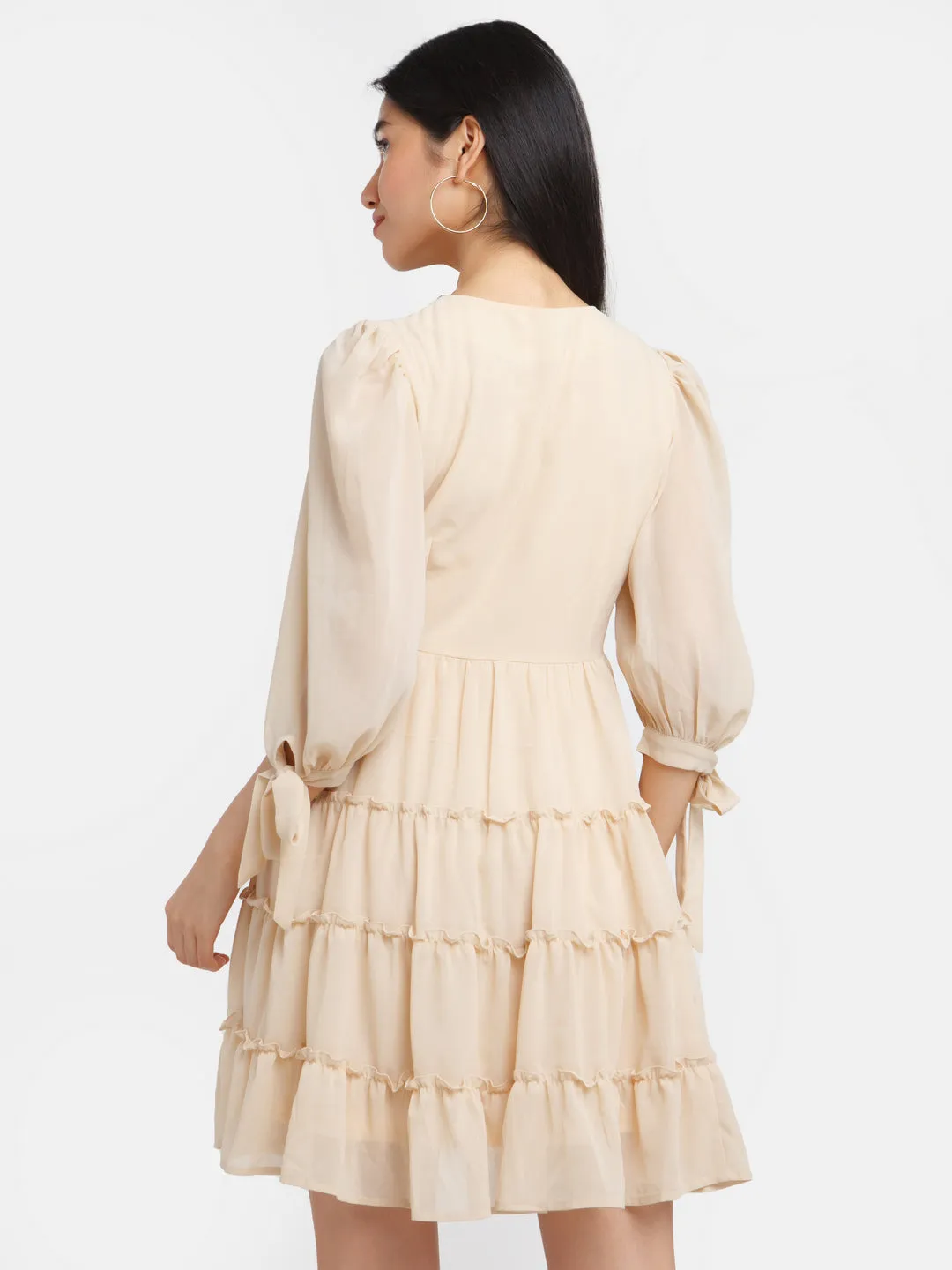 Cream Solid Fit and Flare Short Dress