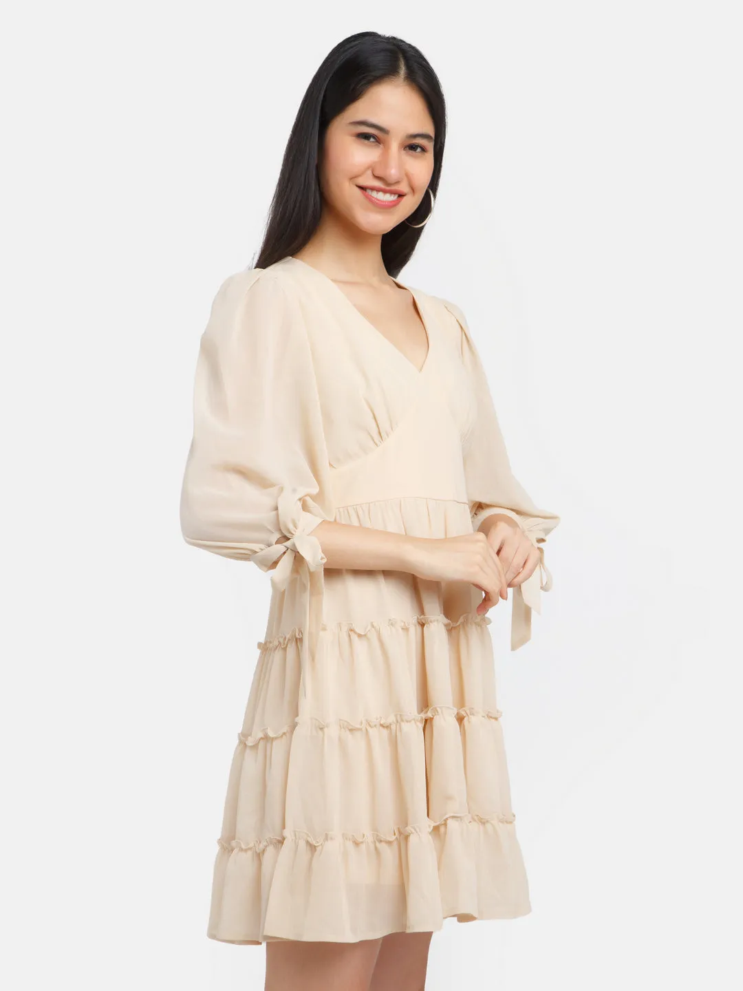 Cream Solid Fit and Flare Short Dress