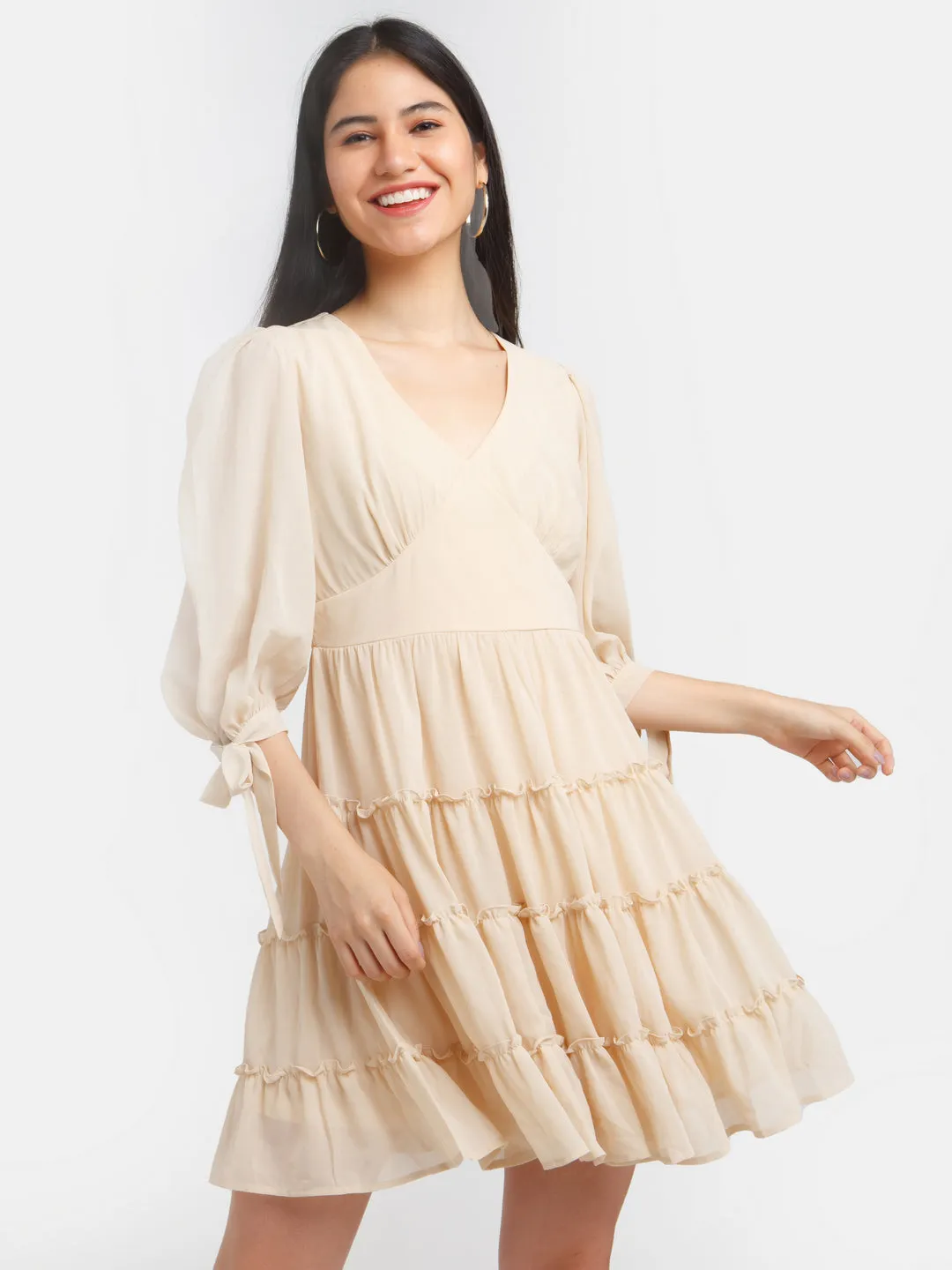 Cream Solid Fit and Flare Short Dress