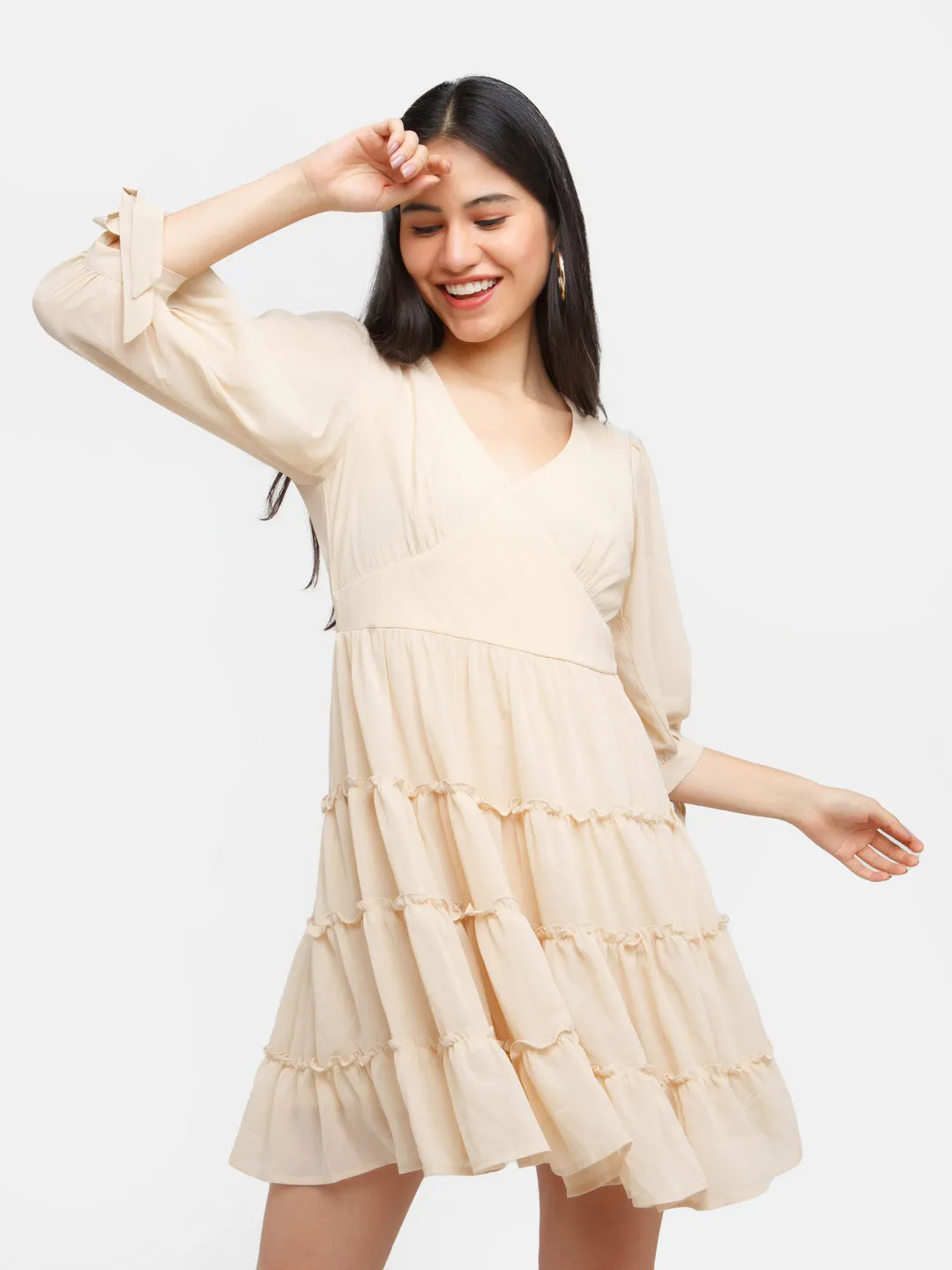 Cream Solid Fit and Flare Short Dress