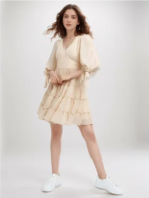 Cream Solid Fit and Flare Short Dress