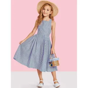 Criss Cross Back Boxed Pleated Stripe Dress