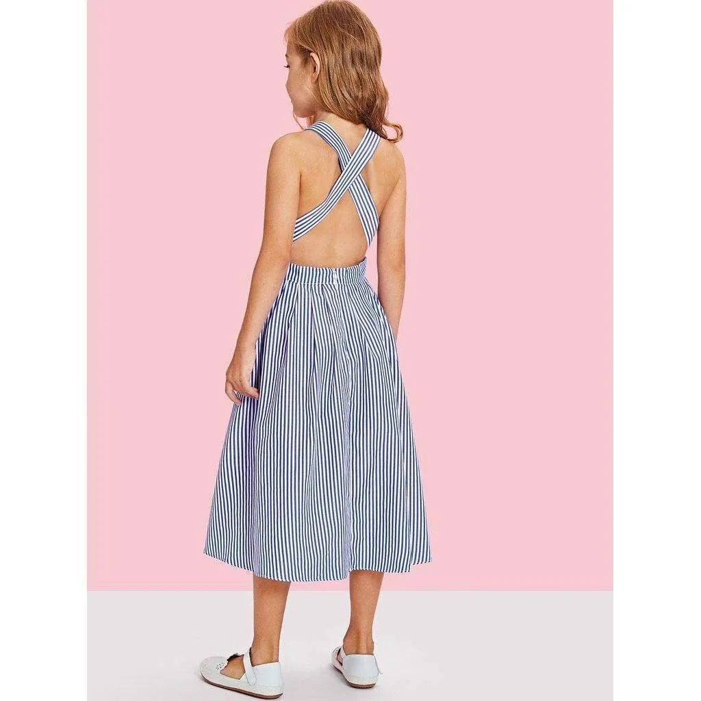Criss Cross Back Boxed Pleated Stripe Dress