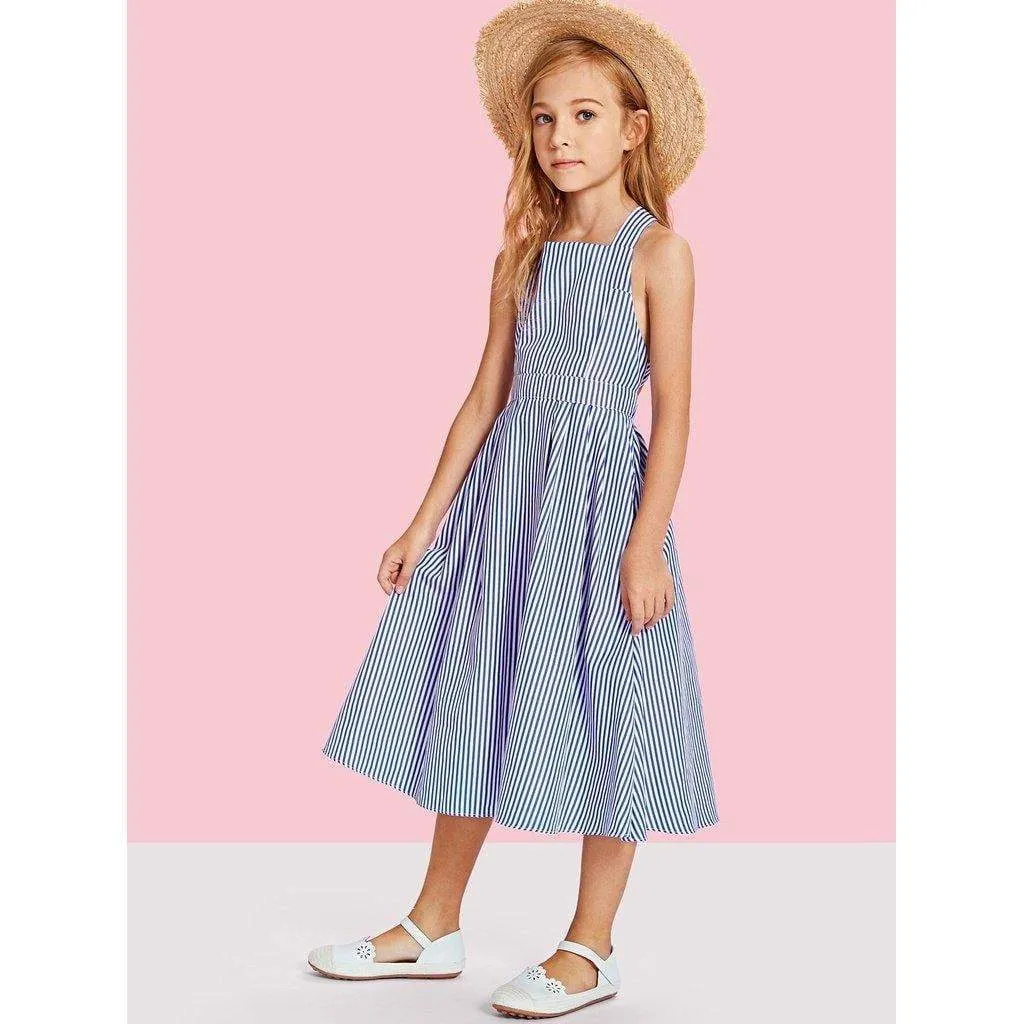 Criss Cross Back Boxed Pleated Stripe Dress