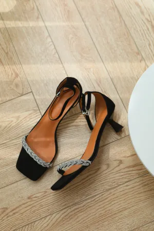 Crystal Leather Sandals-Black