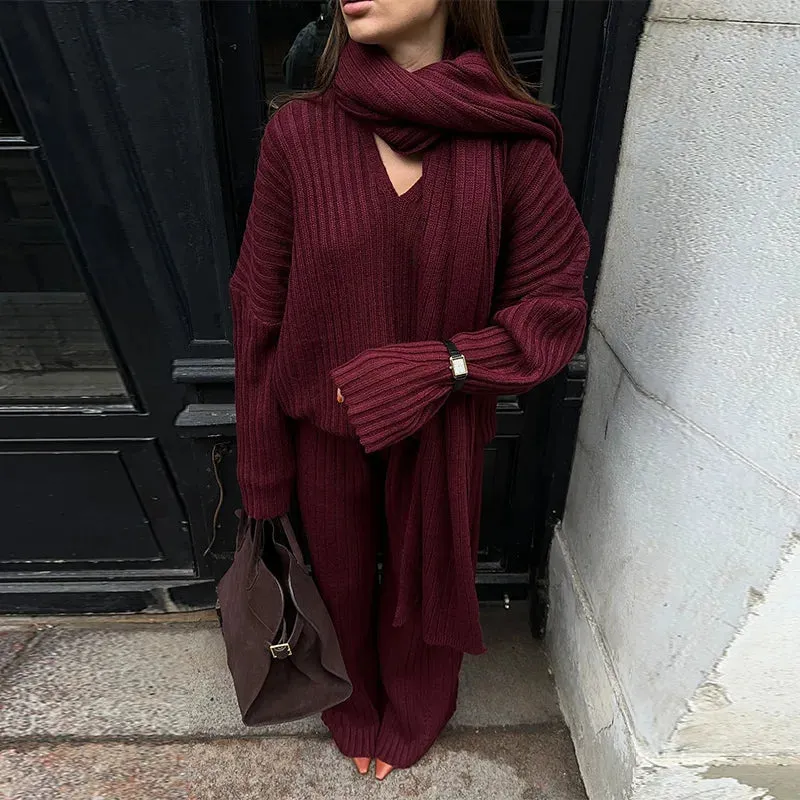 Daisy - Pullover Set with Scarf Collar & Pleated Pants