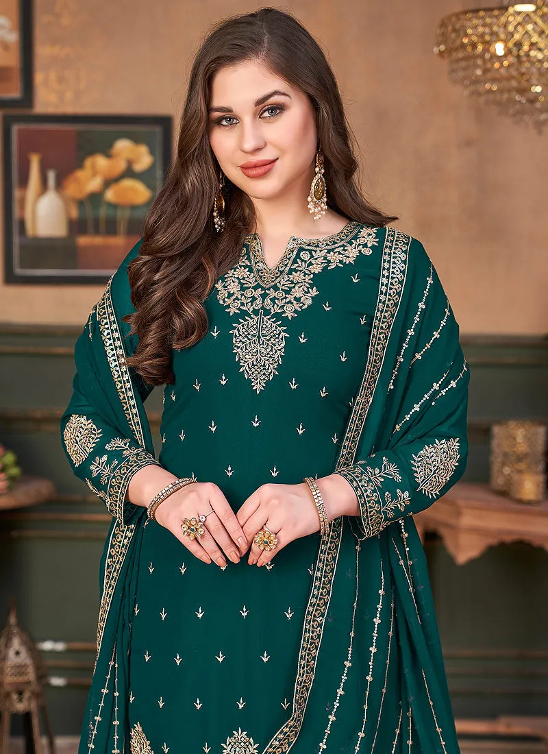 Dark Green Embroidered Festive Wear Palazzo Suit