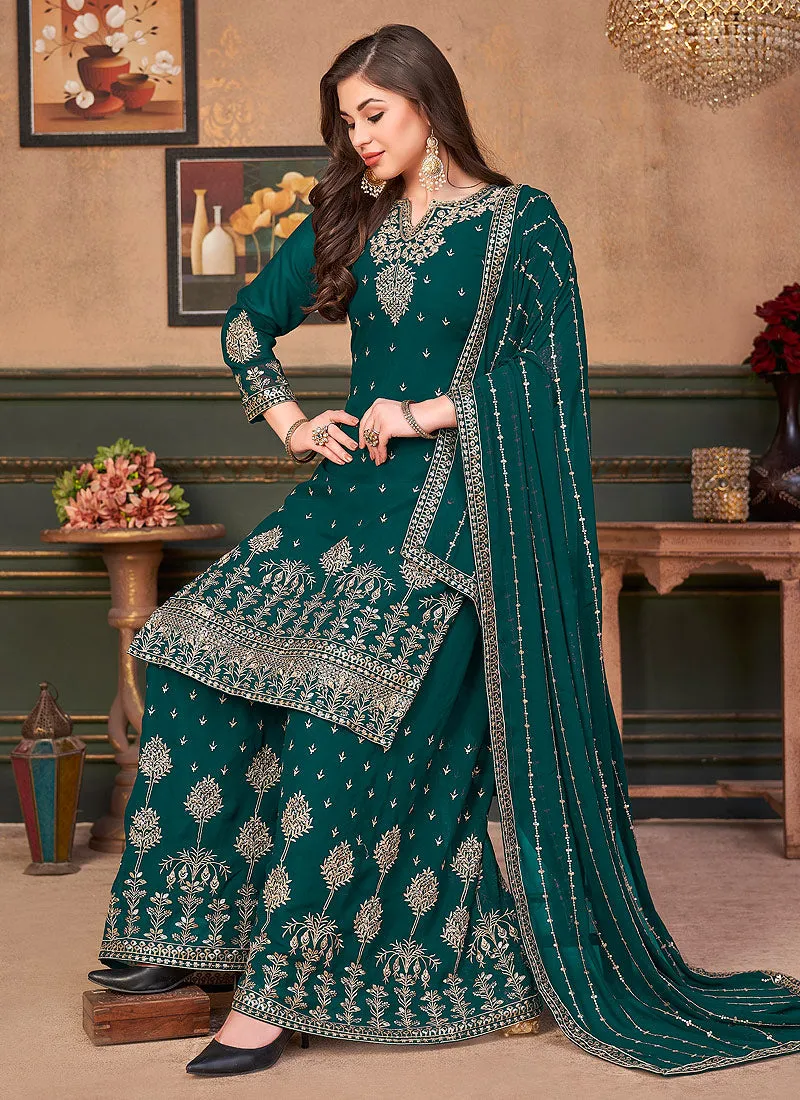 Dark Green Embroidered Festive Wear Palazzo Suit