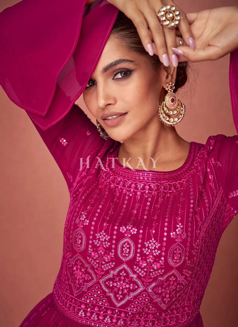 Deep Pink Sequence Embroidery Traditional Palazzo Suit