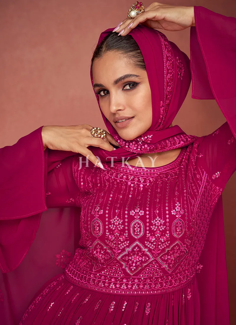 Deep Pink Sequence Embroidery Traditional Palazzo Suit